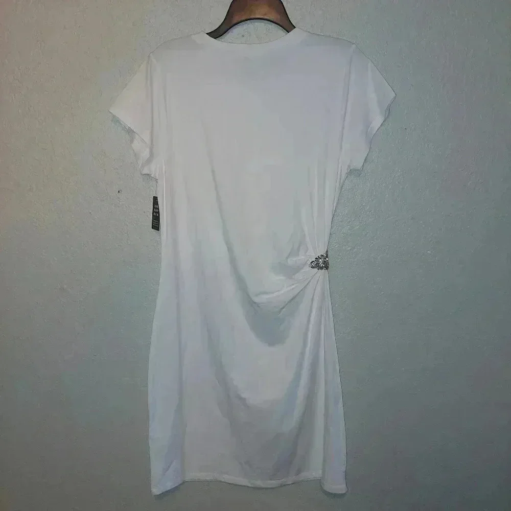 NWTS EXPRESS WHITE T SHIRT DRESS EMBELLISHED SIDE CINCH SIZE Medium RETAIL $78 - Picture 2 of 7